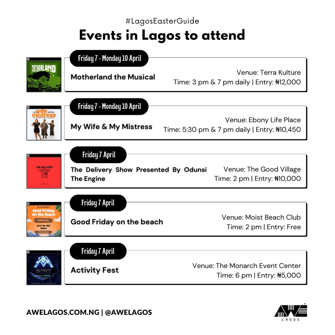 AweLagos's tweet photo. It’s a long weekend and there is plenty to do and see this weekend in Lagos!

From music festivals to live theatre to cookouts and more, Here are 25 of the best things to do in Lagos this Easter weekend.

Happy Easter to everyone celebrating🤍

#AweLagos #LagosWeekendguide https://t.co/9FFbQQVOHB