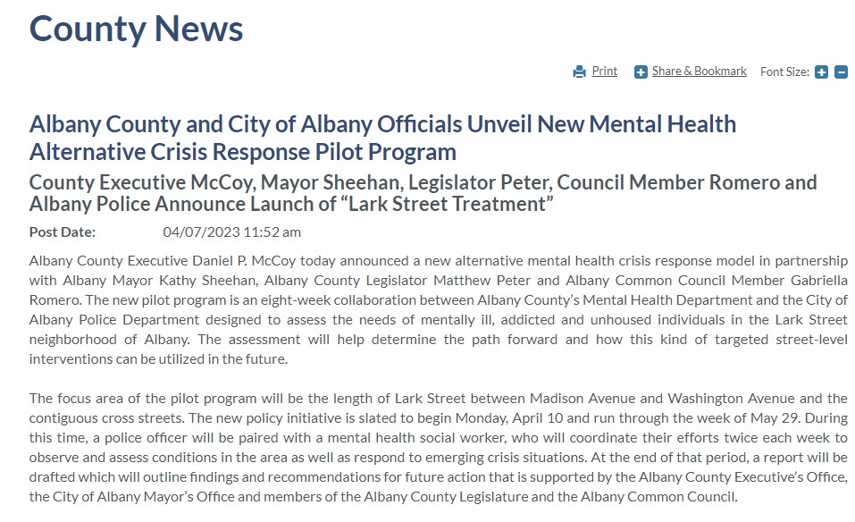 Dan McCoy-CountyExec (@mccoycountyexec) on Twitter photo Proud to join County & City of Albany officials in announcing a new pilot program- Lark St. Treatment- that will pair <a href="/albanypolice/">Albany Police</a> w/ County Mental Health social workers to assess the needs of mentally ill, addicted & homeless individuals, & respond to crisis situations...
(1/2) Proud to join County & City of Albany officials in announcing a new pilot program- Lark St. Treatment- that will pair <a href="/albanypolice/">Albany Police</a> w/ County Mental Health social workers to assess the needs of mentally ill, addicted & homeless individuals, & respond to crisis situations...
(1/2)