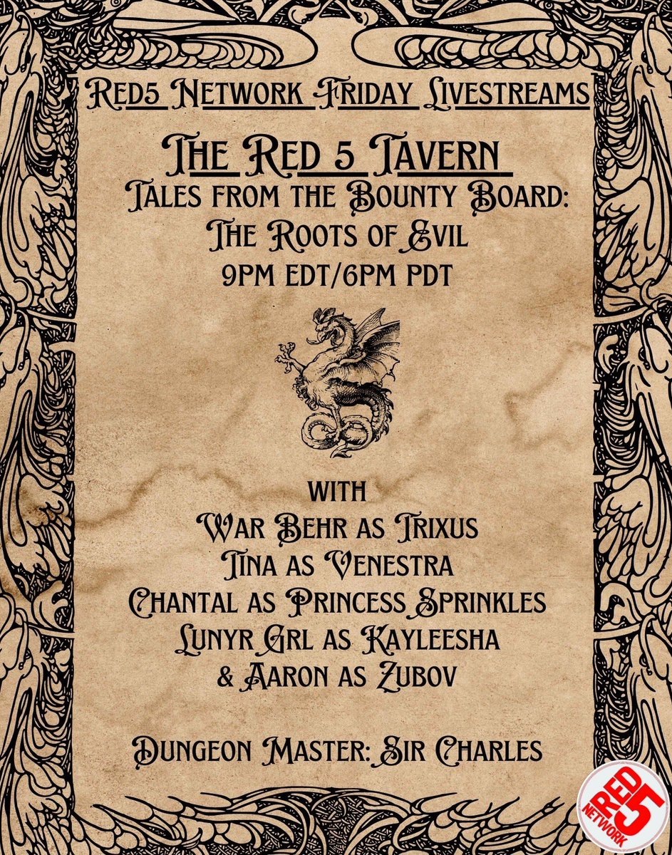 YOUR Red 5 Network (@red5network) on Twitter photo The crew returns from the Shadow Realm to find a mysterious being had arrived. Friend or foe? If that’s not enough, they’ve been summoned to help discover the origins of the new evil from none other than the High Cleric Oakenhoof! Find out TONIGHT at <a href="/Red5Tavern/">The Red 5 Tavern</a> on YouTube!!! The crew returns from the Shadow Realm to find a mysterious being had arrived. Friend or foe? If that’s not enough, they’ve been summoned to help discover the origins of the new evil from none other than the High Cleric Oakenhoof! Find out TONIGHT at <a href="/Red5Tavern/">The Red 5 Tavern</a> on YouTube!!!