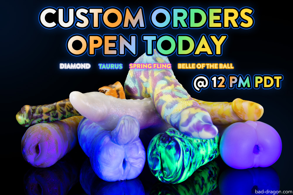 bad_dragon's tweet photo. As a reminder, we are opening our Custom Order queue for a limited time at 12pm PDT today! 
For more information about our queue opening, see the link below.
#baddragon

https://t.co/Yf736ytUVc https://t.co/XjVaGt0wAj