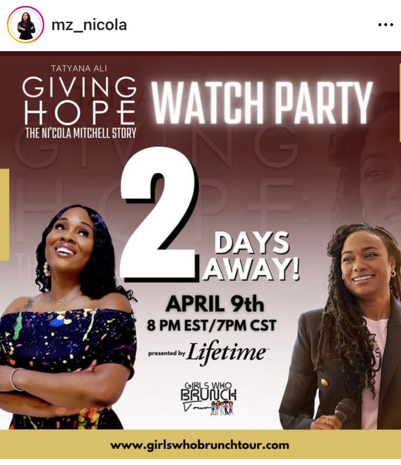 Please tune into <a href="/LMN/">Lifetime Movie Network</a> and watch, “Giving Hope: The Ni’cola Mitchell Story,” on Easter Sunday! It stars the amazing <a href="/tatyanaali/">Tatyana Ali</a> and it is truly inspiring. Congratulations again, queen!!! #writer #director #producer #storyteller #womeninfilm #blackauthors #thenicolamitchellstory
