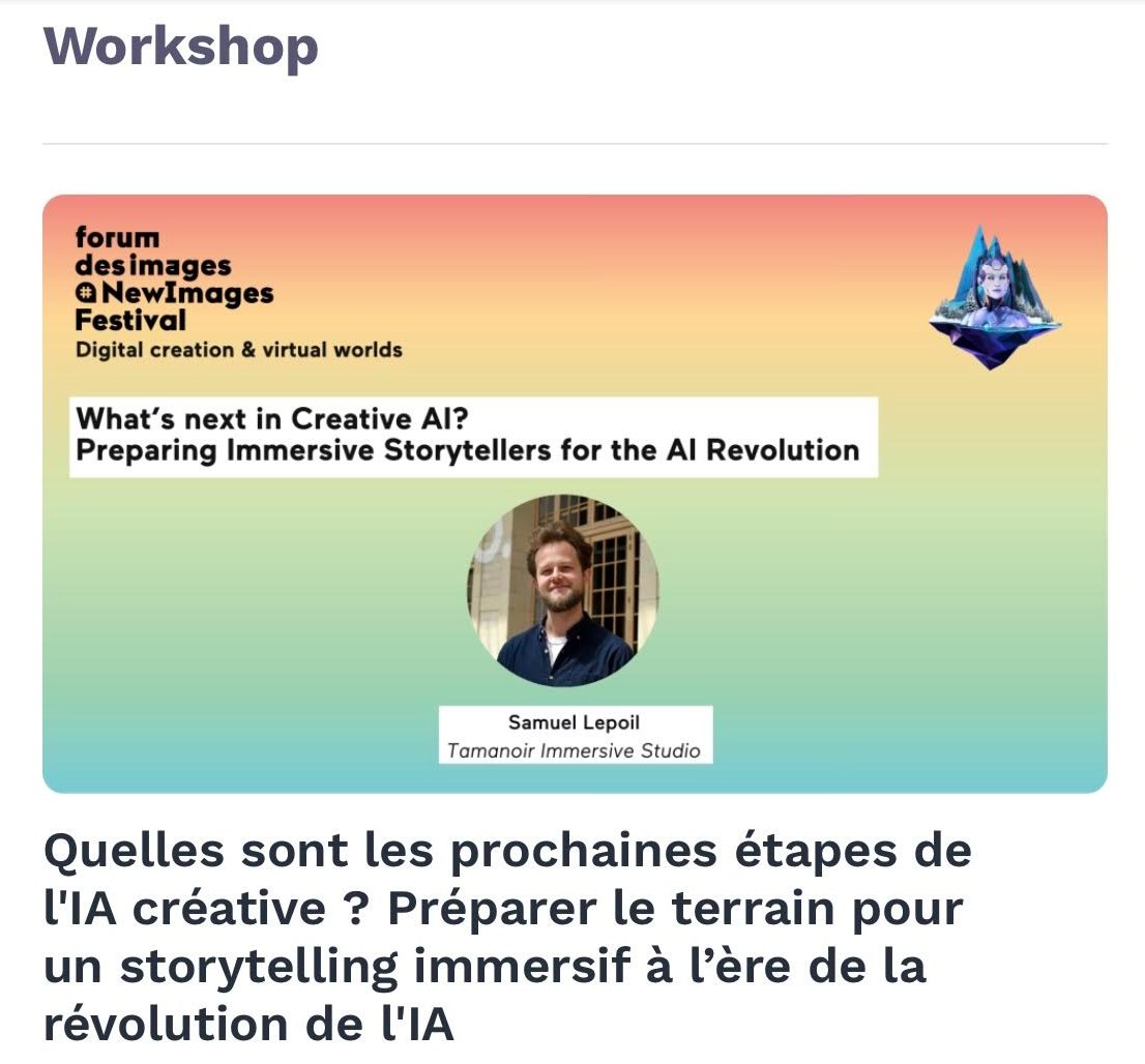 Belle rencontre sur le thème de l'#IA créative au <a href="/forumdesimages/">Forum des images</a>, avec Samuel Lepoil <a href="/TamanoirStudio/">Tamanoir Immersive studio</a>.

L'#intelligenceartificielle relance le débat autour de l'originalité d'une oeuvre d'#art et de la place du créateur. 🤖

#NewImagesFestival2023 

Poke <a href="/Newimages_Paris/">NewImages Festival</a>