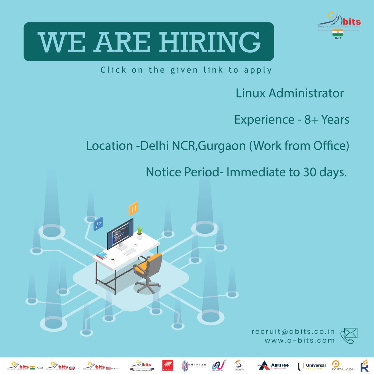 IndiaAbits's tweet photo. Linux Administrator 

Link to apply - https://t.co/9sCsqtU2ad

#SSGroup #abits #business #team #job #linux #cloud #experience #cloud #writing #delhi #testing #work #oracle #pune #delhi #noida https://t.co/5aSoZXCtiW