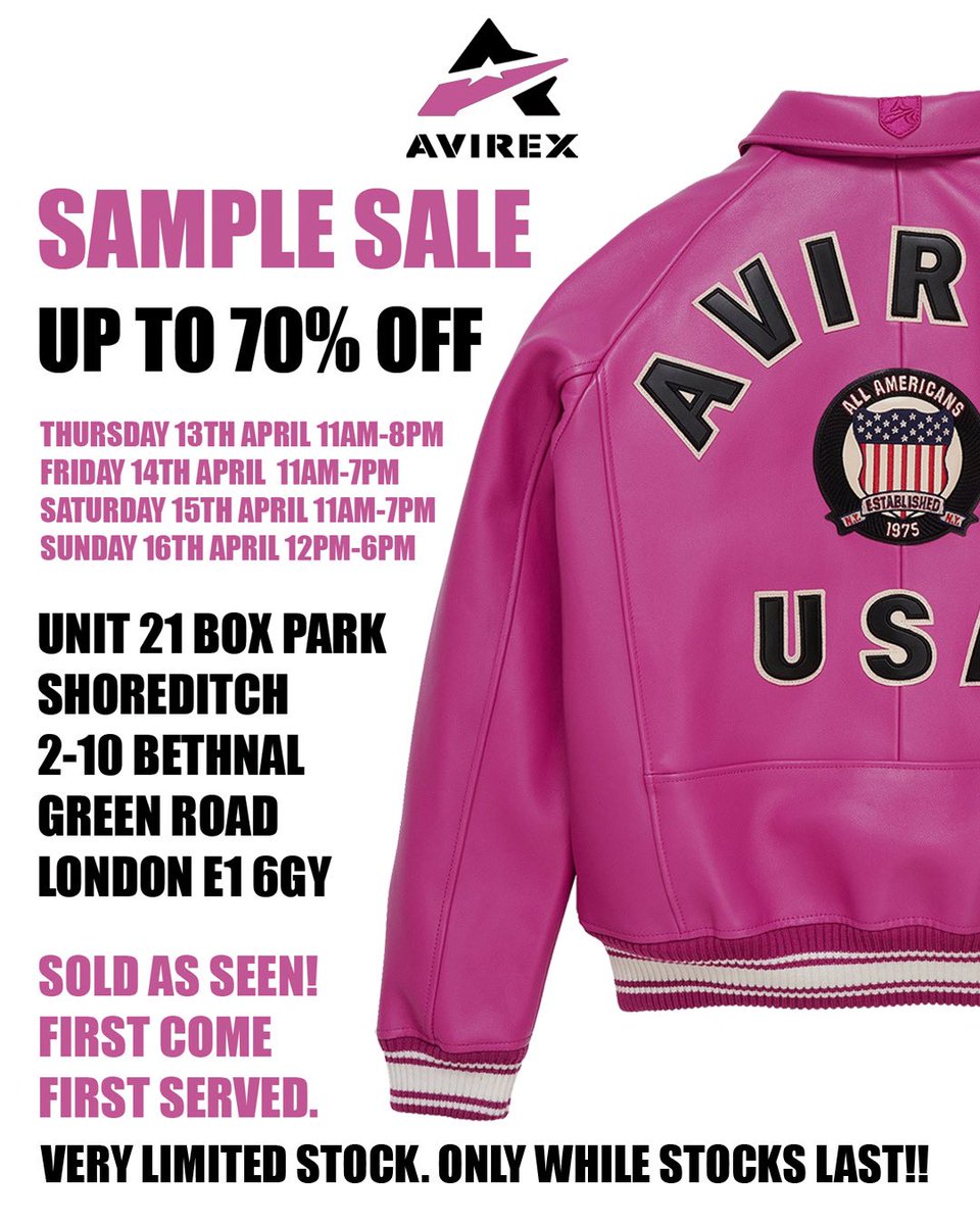 KingOfTrainers's tweet image. 🚨 📣ANNOUNCEMENT 📣 🚨

THE FIRST AVIREX SAMPLE SALE OF THE YEAR NEXT THURSDAY 13TH APRIL 2023 - SUNDAY 16TH APRIL 2023! @boxpark 

TAG A FRIEND WHO LOVES AVIREX! UP TO 70% OFF!!🤯

FIRST COME FIRST SERVED!! SOLD AS SEEN! VERY LIMITED STOCK!
#Avirex #samplesale #explore