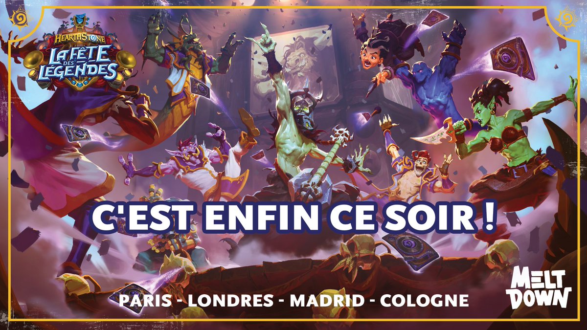 C'est enfin ce soir ! 🥳 <a href="/TheFishou/">TheFishou</a> et toute l'équipe vous attendent au bar <a href="/meltdownparis/">Meltdown Paris</a> pour le #FestivalOfLegends 🎵 Venez suivre le stream officiel avec nous et repartez avec des cadeaux ! #Meltdown #Hearthstone