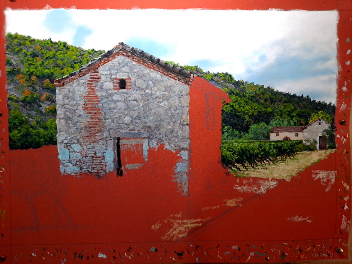 creativestates's tweet photo. Work in progress.  Working on the brickwork of the building,  including the ones stained by (I think) copper sulphate (feel free to inform me). #lotvalley #vineyard, soft pastel. 

#luzech #vignobledecahors #france  #landscapepainting #unisonpastels #sennelierpastels https://t.co/wJACzLO0F8