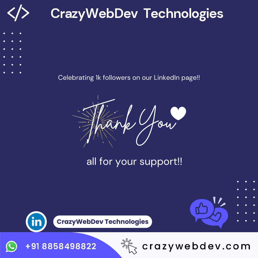 crazywebdev's tweet image. CrazyWebDev Technologies celebrating 1k followers on our LinkedIn page. Thank you all for your support.
#crazywebdevtechnologies #crazywebdev #webdevelopmentservice