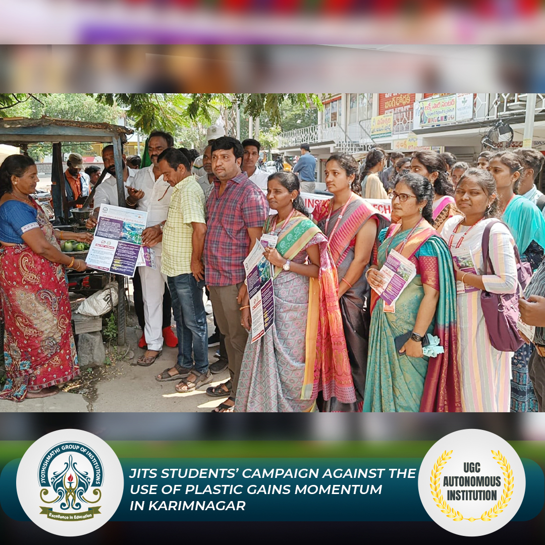 JITS_KNR's tweet photo. Volunteers of Jyothishmathi Brigade and National Service Scheme of JITS (Autonomous), Karimnagar, who have been crusading against the use of pollution-causing plastics on April 6, 2023.
#JITS #NationalServiceScheme #Plastic #Campaign #PlasticGainsMomentum #JMTS #JMIP #NAAC #UGC https://t.co/WiQ2YbHlw9