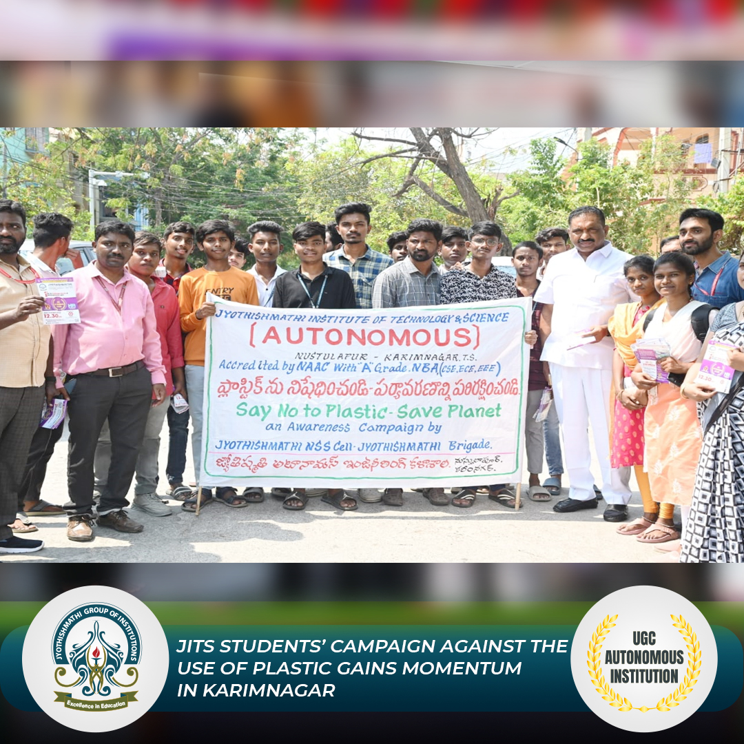 JITS_KNR's tweet photo. Volunteers of Jyothishmathi Brigade and National Service Scheme of JITS (Autonomous), Karimnagar, who have been crusading against the use of pollution-causing plastics on April 6, 2023.
#JITS #NationalServiceScheme #Plastic #Campaign #PlasticGainsMomentum #JMTS #JMIP #NAAC #UGC https://t.co/WiQ2YbHlw9