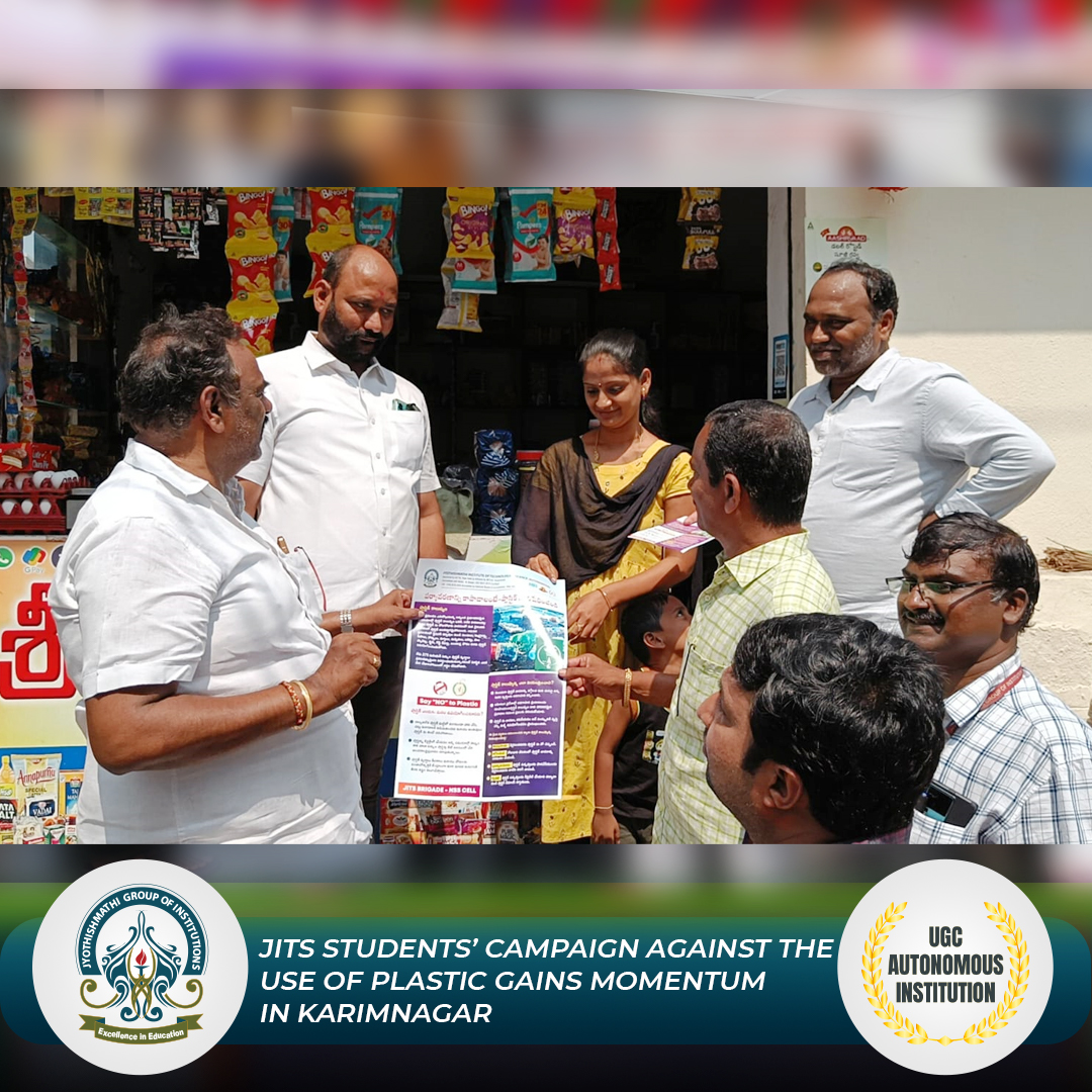 JITS_KNR's tweet photo. Volunteers of Jyothishmathi Brigade and National Service Scheme of JITS (Autonomous), Karimnagar, who have been crusading against the use of pollution-causing plastics on April 6, 2023.
#JITS #NationalServiceScheme #Plastic #Campaign #PlasticGainsMomentum #JMTS #JMIP #NAAC #UGC https://t.co/WiQ2YbHlw9