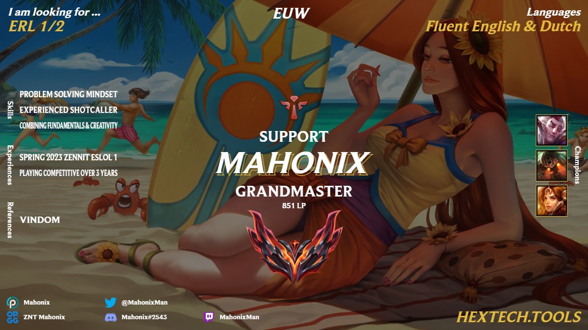 I'm excited to be LFT again!

Currently looking to grow further, investing all my time and effort into league. I am hoping to find a team that also wants to give it 100%

Reference: <a href="/VindoM_L/">Julien ''VindoM''</a> 
LoLPedia: lol.fandom.com/wiki/Mahonix

Retweets &amp; likes always welcome!