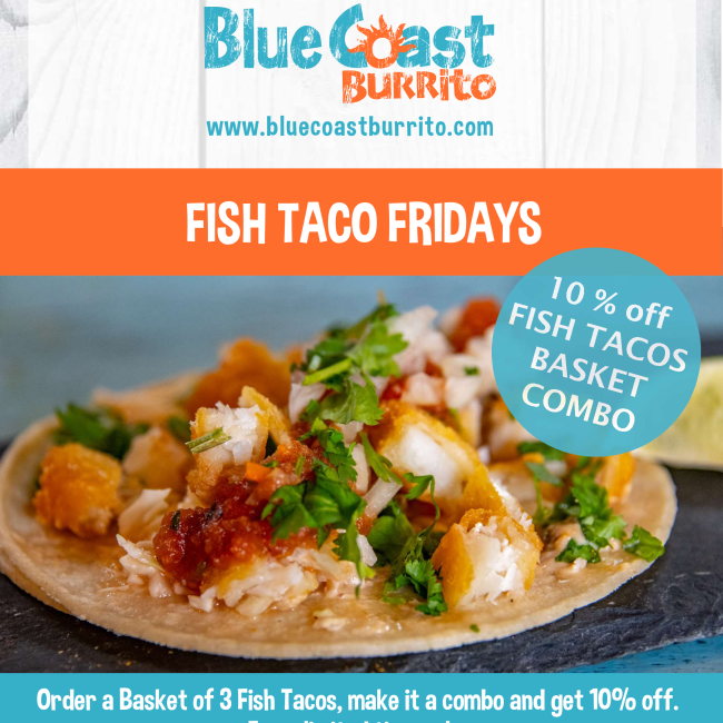 BCBurritoLR's tweet photo. It's the last Fish Taco Friday!!!  Don't miss this deal.  Get a basket of 3 fish tacos, make it a combo, and get 10% off! https://t.co/LyxAsLjW8w