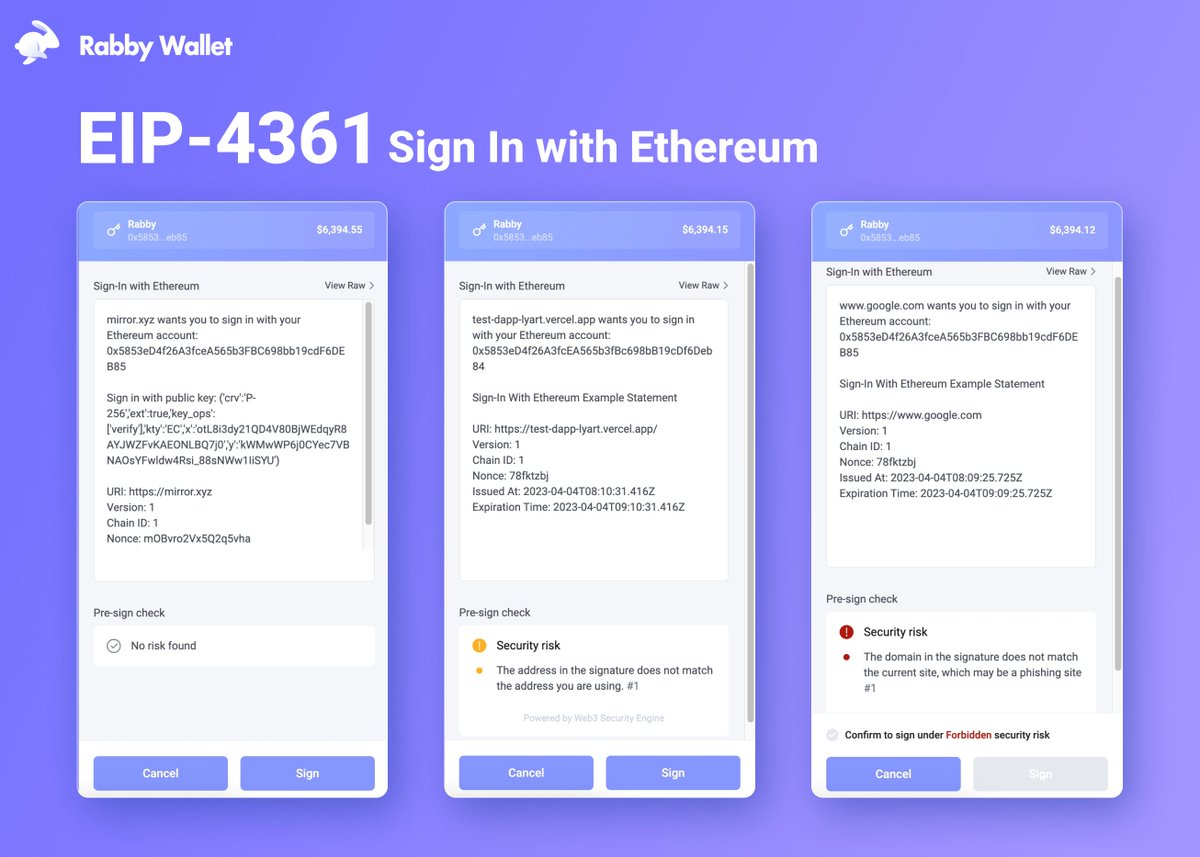 Rabby wallet is now compatible with EIP-4361, Sign In with Ethereum. With  EIP-4361, you can sign in to dapps that support this standard, and Rabby  wallet provides extra security to protect against