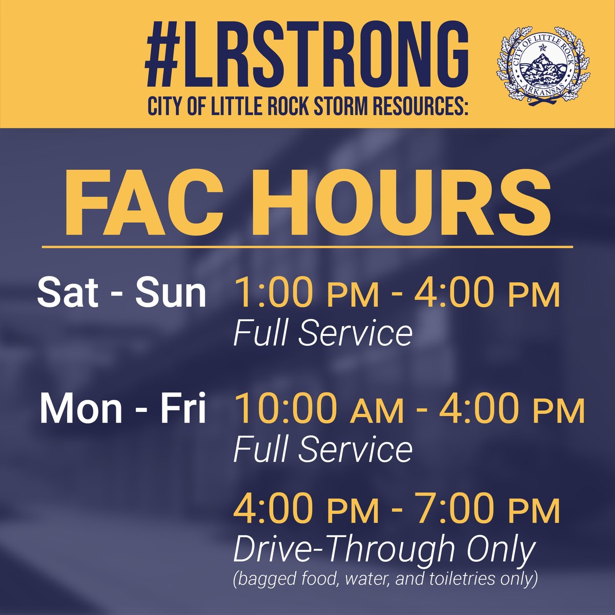 CityLittleRock's tweet photo. Starting tomorrow, April 8, the Family Assistance Center (FAC) will have new hours.
Sign up to #volunteer - https://t.co/KnXujPZgzO
Make a monetary #donation through #LRcares - https://t.co/a1ONVnHyIT
We are #LRstrong https://t.co/JjqQOwqqNO