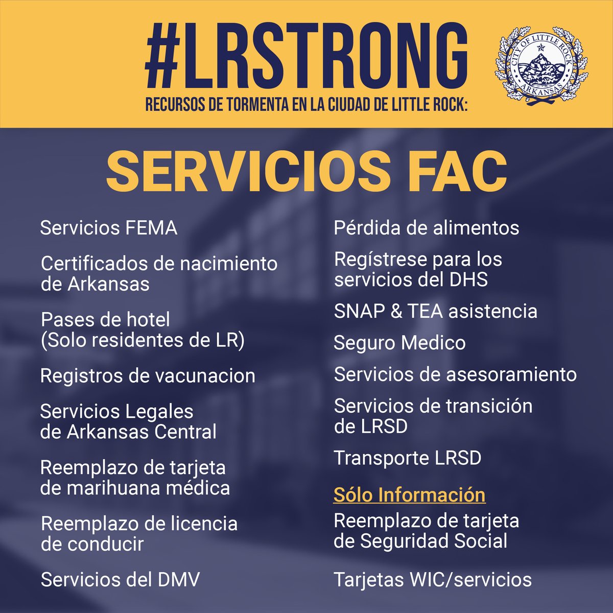 CityLittleRock's tweet photo. Starting tomorrow, April 8, the Family Assistance Center (FAC) will have new hours.
Sign up to #volunteer - https://t.co/KnXujPZgzO
Make a monetary #donation through #LRcares - https://t.co/a1ONVnHyIT
We are #LRstrong https://t.co/JjqQOwqqNO
