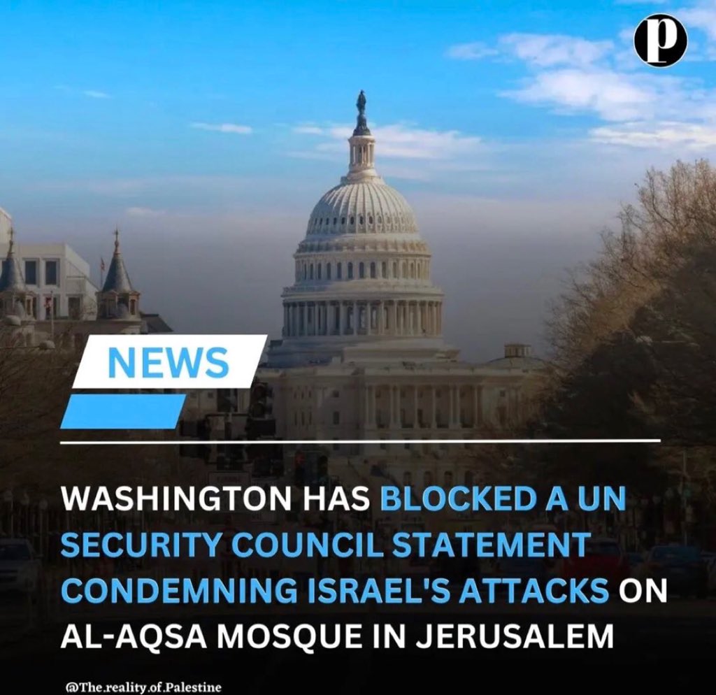 swilkinsonbc's tweet photo. The US has blocked a UN Security Council statement condemning the brutal israeli attacks on Al-Aqsa Mosque in Jerusalem, says Al Jazeera https://t.co/mXBw2oobe8