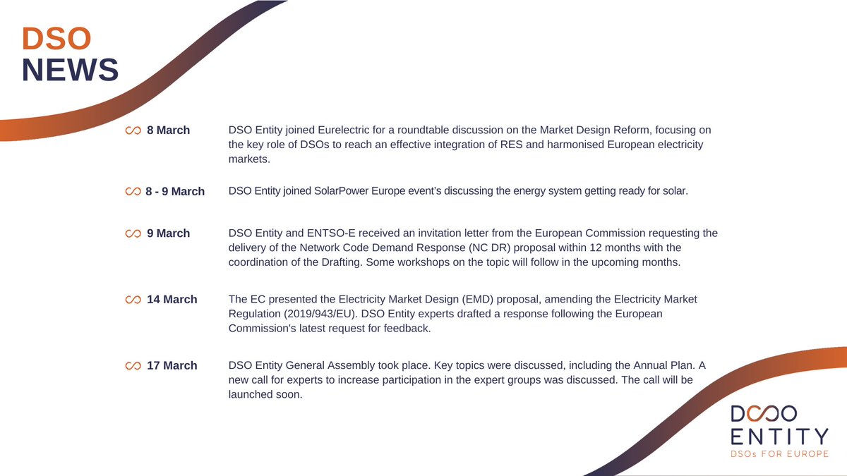 📣 The DSO Newsletter is out!

We discussed the role of #DSOs in the  #MarketDesign reform with @Eurelectric and @SolarPowerEurope.

Also, keep an eye on the upcoming call for experts! DSO Entity will need more expertise on board to enrich the discussions in our workstreams!