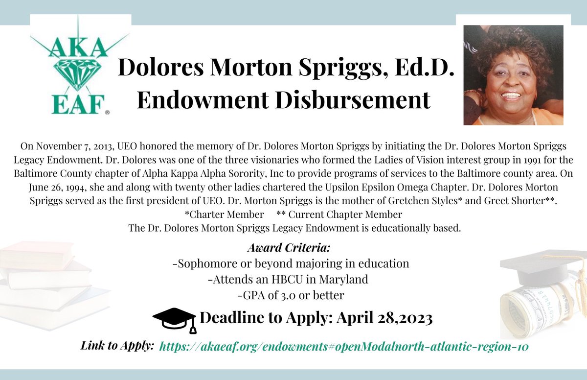 AKA_UEO's tweet photo. Upsilon Epsilon Omega is currently accepting applications for the inaugural Dr. Dolores Morton Spriggs Endowment Scholarship. Eligible applicants should be enrolled in an HBCU &amp; majoring in education. Visit https://t.co/jd3RiBVrJ2 to learn more. https://t.co/SIHs6mCMOh