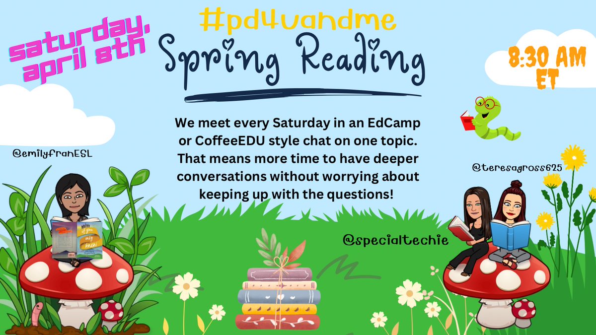 What are you reading this Spring, #pd4uAndMe?!?

Join us tomorrow, Saturdays, April 8th
⏰ 8:30 am ET

📚 Let’s chat all about BOOKS!!
@teresamgross <a href="/specialtechie/">Pam Hubler</a>