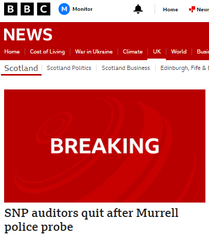 msm_monitor's tweet photo. BBC Scotland has had to issue a correction after this fake news appeared on its website. The auditors didn't quit after the Murrell police probe. They'd already ceased working for the SNP *before* Murrell was arrested. This is what happens when you have a tabloid culture. https://t.co/8nztGupKBU