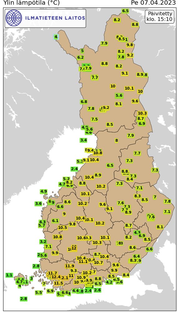 Pitkäperjantai on jo pistänyt kiirastorstaita paremmaksi. Tällä hetkellä ylin on Kaarinassa +12,4 astetta. Lämpötilat ovat vielä noususuunnassa. Lapissa meni tänään ekat kympit rikki.🌞