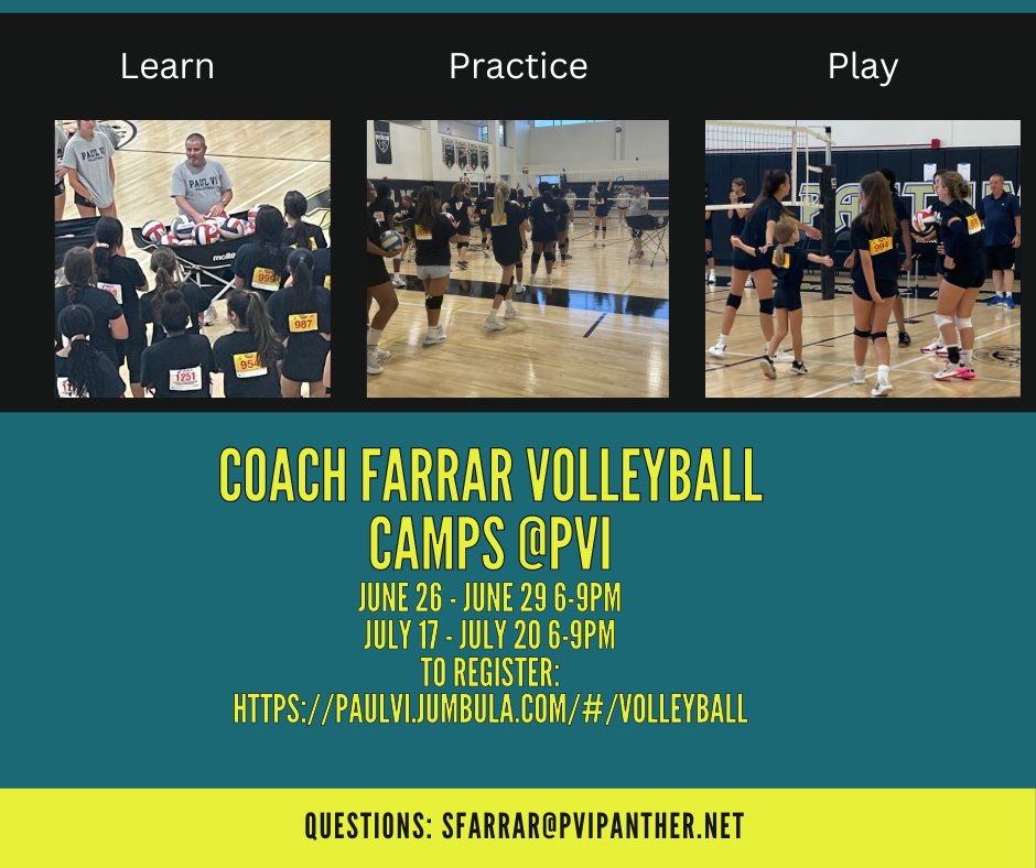 Coach Farrar Volleyball Camps - registration is open at paulvi.jumbula.com/#/volleyball