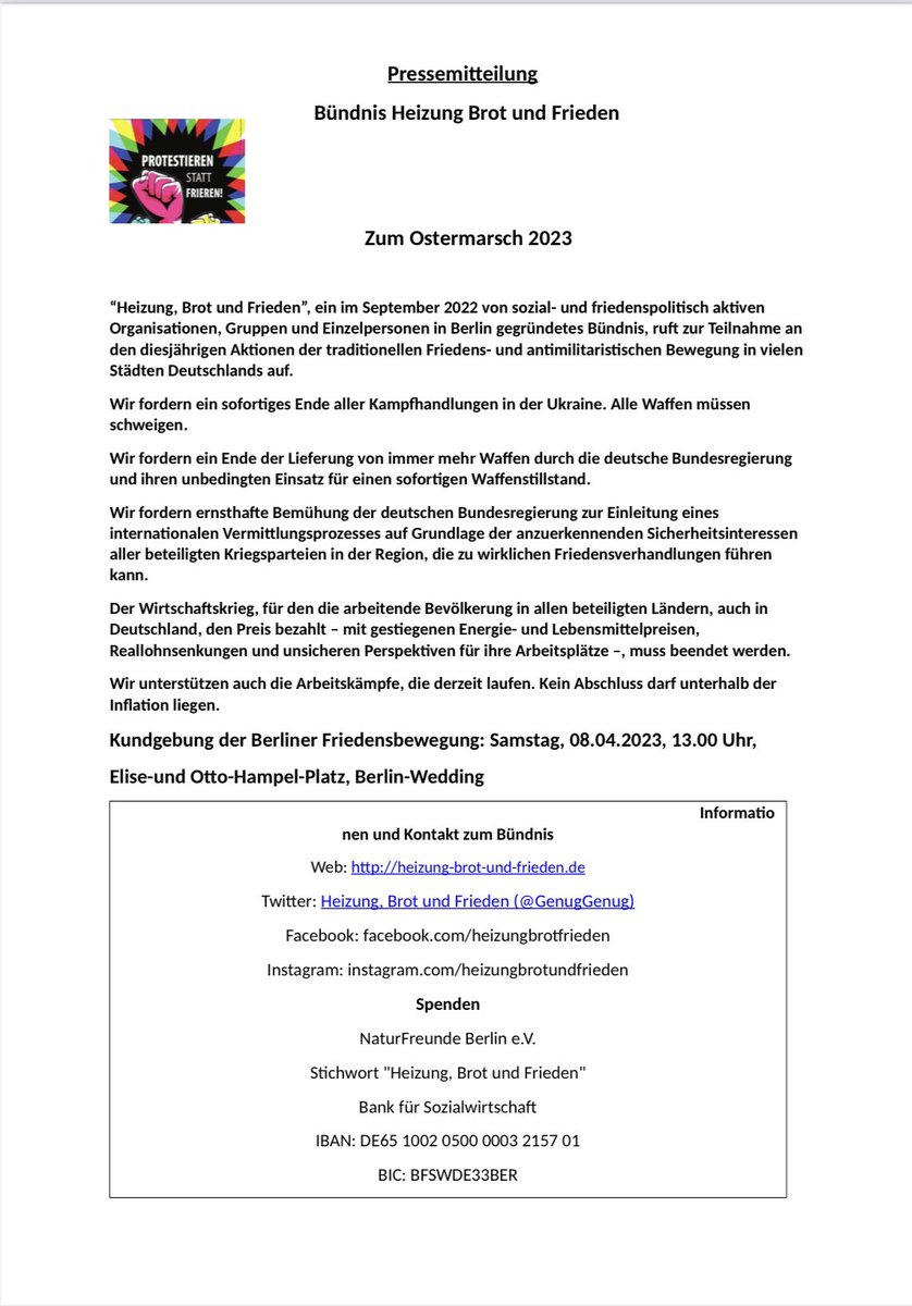 Unsere Pressemitteilung zum #Ostermarch ist Online. Wir rufen auf zur Kundgebung der Berliner Friedensbewegung: Samstag, 08.04.2023, 13.00 Uhr, Elise-und Otto-Hampel-Platz. #frieden #Ostermärsche heizung-brot-und-frieden.de/uncategorized/…