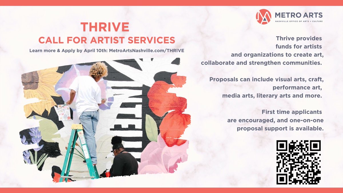MetroArtsNash's tweet image. Creativity knows no bounds with Thrive. From visual arts to literary arts and everything in between, we’re proud to fund and promote all forms of expression in Nashville.  APPLY NOW, deadline is APRIL 10TH!
#MetroArts #ArtsFunding #ArtsSupport #ArtistGrants #ArtProposalSupport