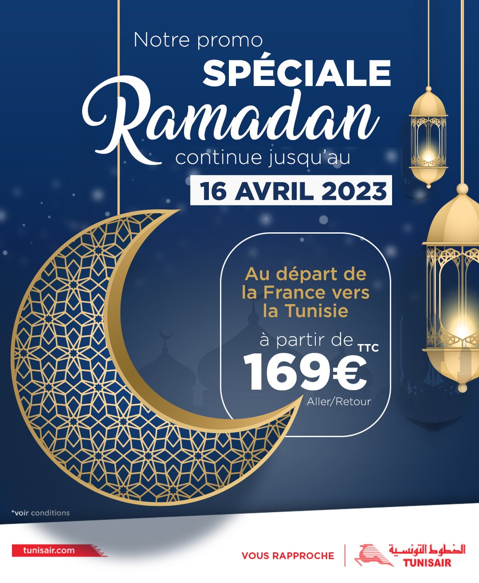 PROLONGATIONS JUSQU'AU 16 AVRIL 2023

Envolez-vous vers la Tunisie* 👉  tunisair.com

* Période de voyage jusqu’au 31/05/2023 (dernier retour 1/06/2023), franchise bagage 1 pièce de 23 Kg, offre soumise à conditions dans la limite des sièges disponibles.