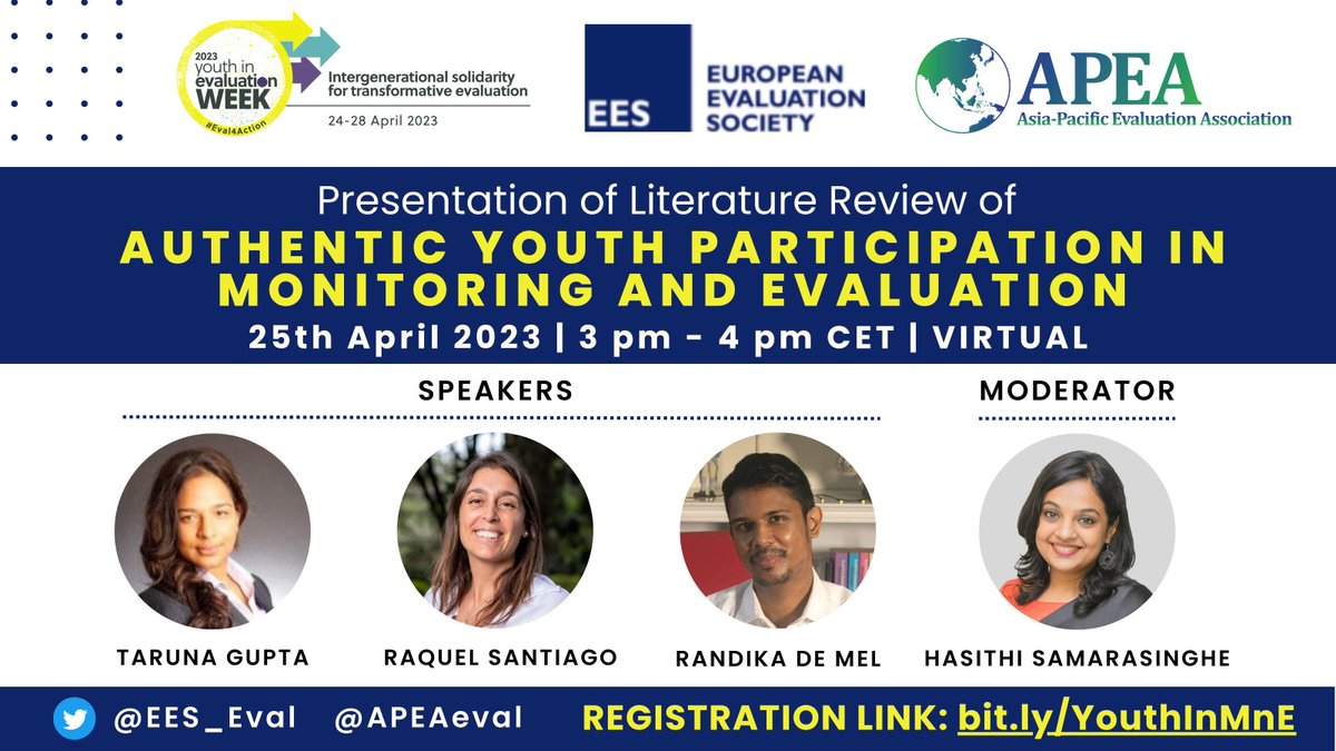 Don't miss out! Learn more about how #YOUTH is involved in M&E.

Join @EES_Eval and @APEAeval for the Presentation of a Literature Review of Authentic Youth Participation in M&E.

25 April 2023 | 3 PM CET
Register now at bit.ly/YouthInMnE

#YouthinEvalWeek #APCHub
