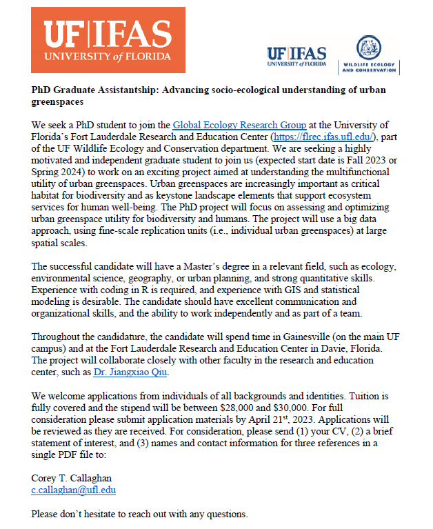 Corey Callaghan (@callaghanct) on Twitter photo Hello!
I am currently recruiting for a PhD student to join me at <a href="/UFWildlife/">UF IFAS Wildlife</a> in Fall 2023 or Spring 2024, to study the ecology and human dimensions of urban greenspaces using big data.
Please RT or share with your networks! Open to both domestic and international applicants. Hello!
I am currently recruiting for a PhD student to join me at <a href="/UFWildlife/">UF IFAS Wildlife</a> in Fall 2023 or Spring 2024, to study the ecology and human dimensions of urban greenspaces using big data.
Please RT or share with your networks! Open to both domestic and international applicants.