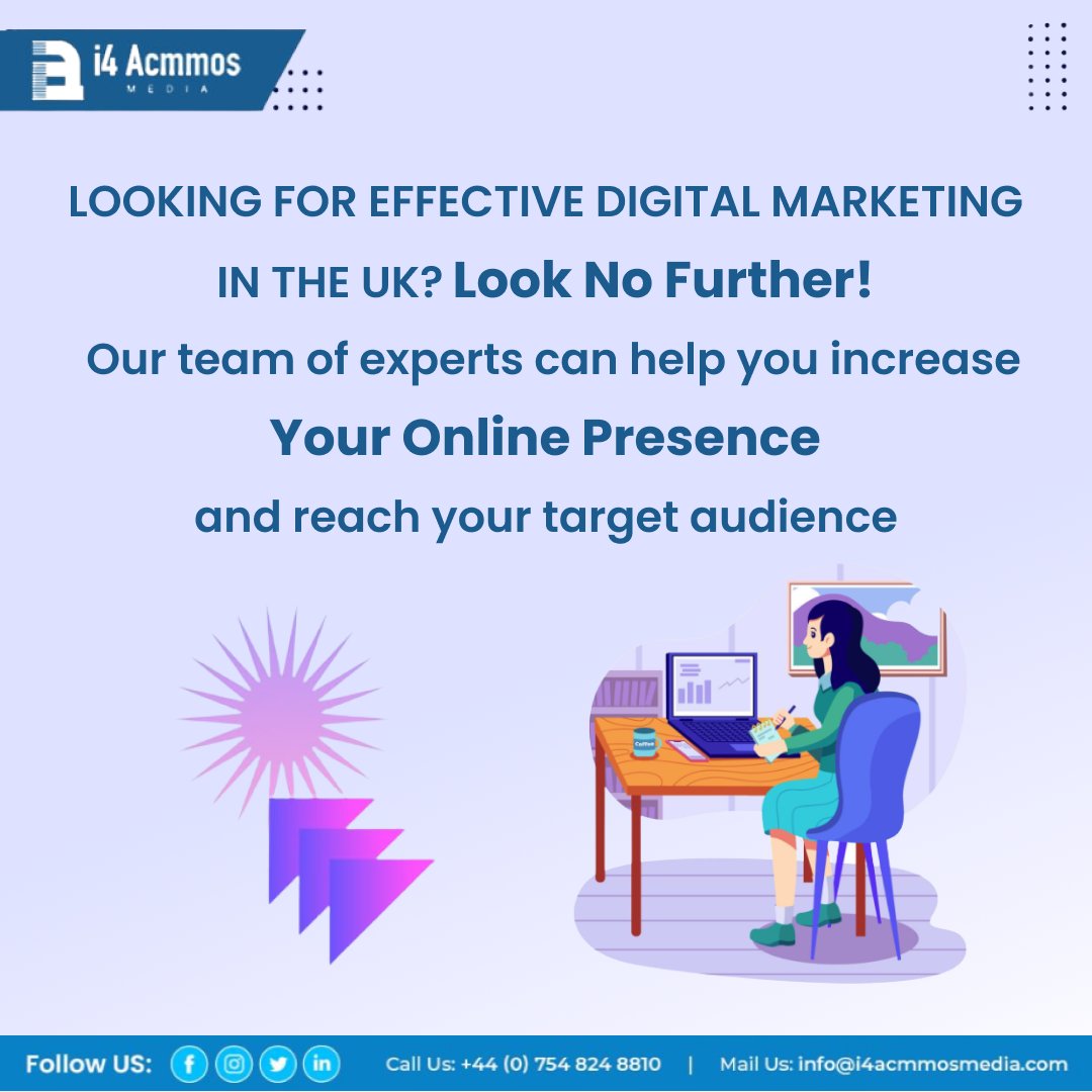 i4AcmmosMedia's tweet image. Are you looking to boost your online presence and reach your target audience in the UK?
.
👉 i4acmmosmedia.com
👉 Call Us: +44 (0) 754 824 8810
👉 Mail Us: info@i4acmmosmedia.com
.
#DigitalMarketing #OnlineMarketing #SEO #SocialMediaMarketing #i4ACMMOSMedia #UKBusinesses