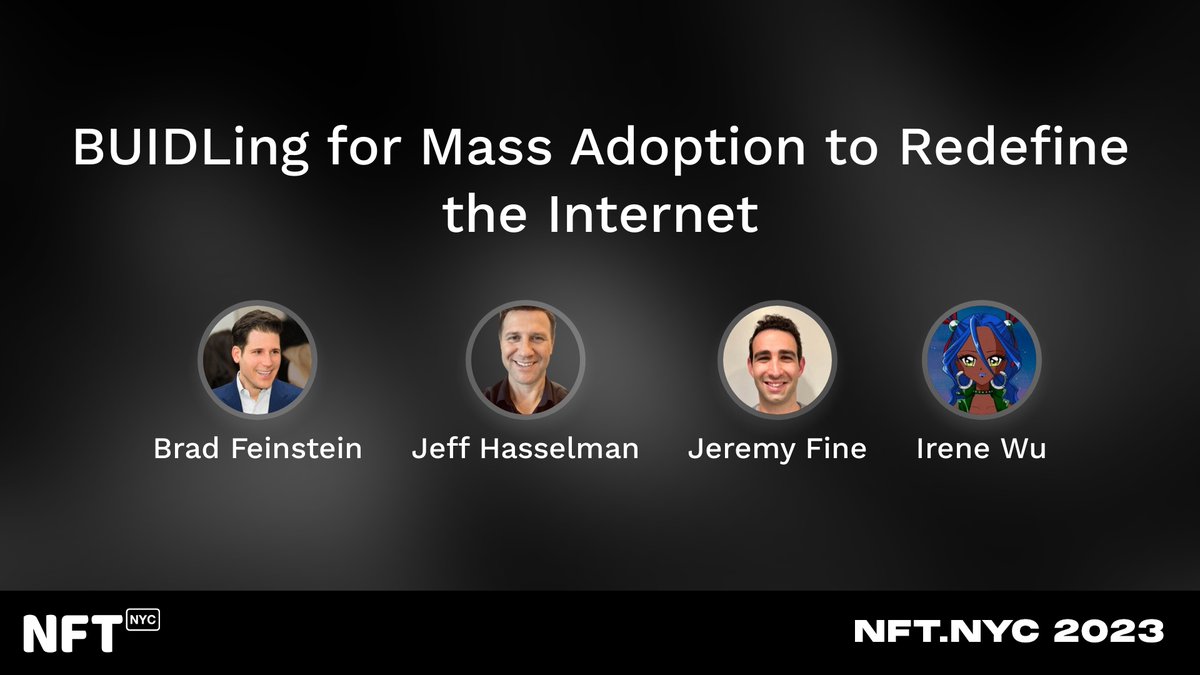 NFT.NYC (@nft_nyc) on Twitter photo Industry leaders take the stage #NFTNYC2023 next week. <a href="/bradfein/">Brad Feinstein</a> (Head of Web3 <a href="/awscloud/">Amazon Web Services</a>), <a href="/jeffhasselman/">Jeff Hasselman</a> (Global Head Web3 <a href="/awscloud/">Amazon Web Services</a>), <a href="/jerfine/">Jeremy Fine</a> (Head of BD & CorpDev <a href="/opensea/">OpenSea</a>), and <a href="/IreneWu27/">Irene</a> (Head of Strategy <a href="/LayerZero_Labs/">LayerZero Labs</a>) talk about "BUIDLing for Mass Adoption to Redefine Industry leaders take the stage #NFTNYC2023 next week. <a href="/bradfein/">Brad Feinstein</a> (Head of Web3 <a href="/awscloud/">Amazon Web Services</a>), <a href="/jeffhasselman/">Jeff Hasselman</a> (Global Head Web3 <a href="/awscloud/">Amazon Web Services</a>), <a href="/jerfine/">Jeremy Fine</a> (Head of BD & CorpDev <a href="/opensea/">OpenSea</a>), and <a href="/IreneWu27/">Irene</a> (Head of Strategy <a href="/LayerZero_Labs/">LayerZero Labs</a>) talk about "BUIDLing for Mass Adoption to Redefine