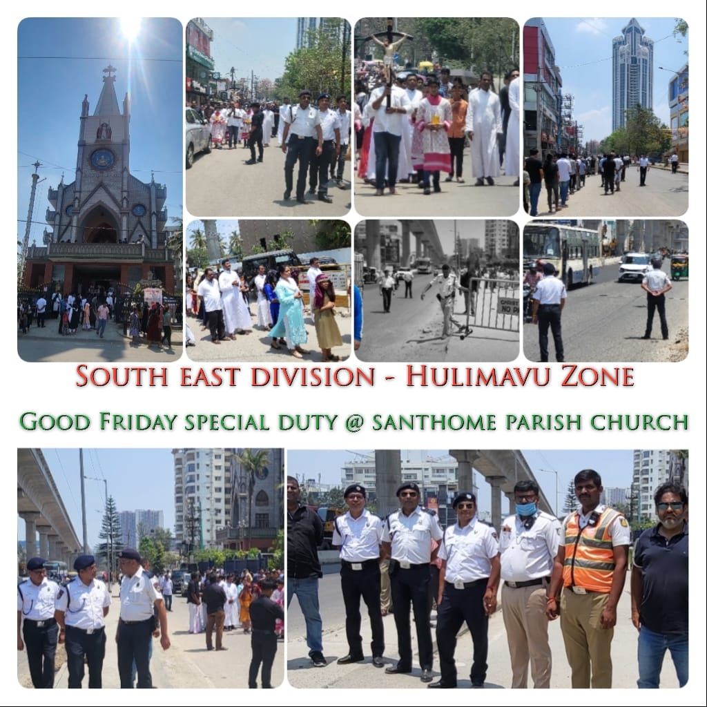 PradhanShroff's tweet photo. South East Division - Hulimavu Zone Bengaluru City Police Traffic Wardens special duty done on occasion of GOOD FRIDAY @ SANTHOME PARISH CHURCH,Hulimavu limits. Dutybdone was well supporter by ASI Mr Mahesh and his team from Hulimavu trps @bcptwo @hulimavutrfps @DCPTrSouth https://t.co/FPSch9vVqP