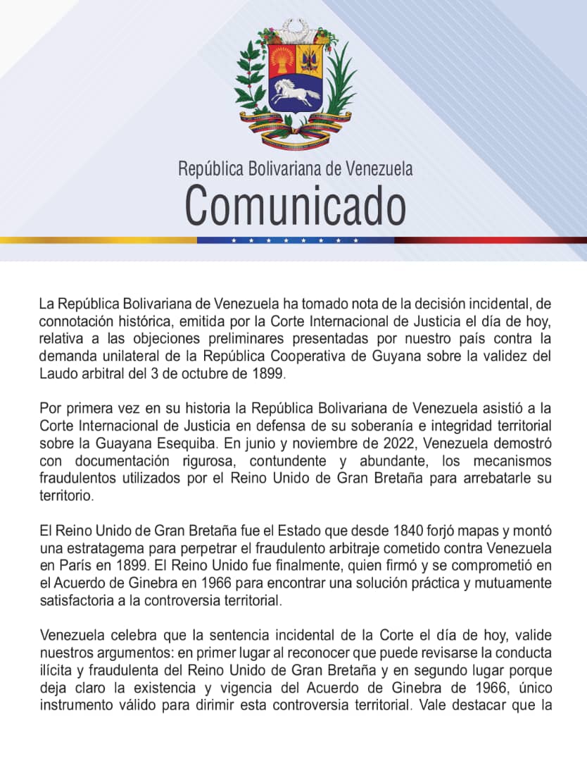 gmhogarespatria's tweet photo. #COMUNICADO| Como venezolanos y venezolanas seguiremos la lucha incansable y firme por defender el respeto al histórico Acuerdo de Ginebra y la territorialidad de nuestra digna nación. 

¡El Esequibo es Venezuela!

#EnDefensaDelEsequibo https://t.co/gN0xMglgPy