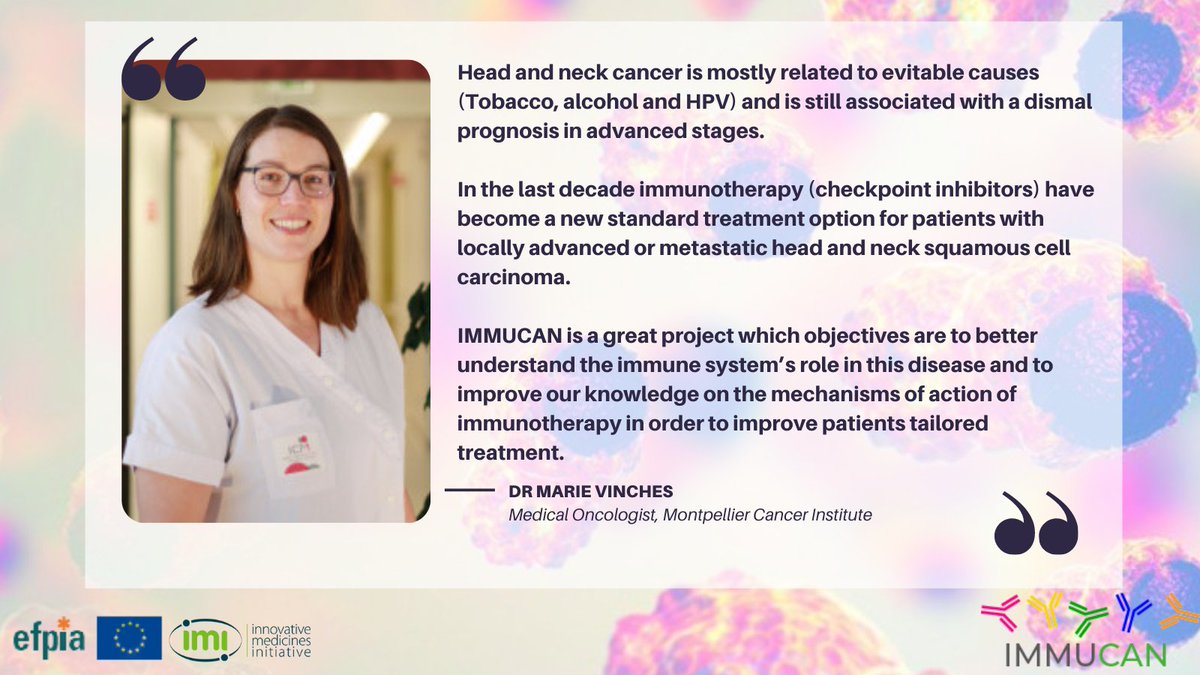 IMMUcan's tweet photo. 📷 Dr Marie Vinches, of the @ICM_Montpellier, and #IMMUcan project partner, shares her vision for the project’s impact on the #HeadandNeck indication: #HeadandNeckAwareness #CancerResearch 📷
🔽 https://t.co/JrjBNpwJAf