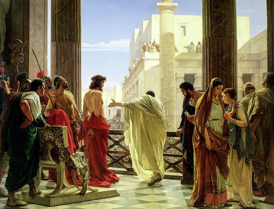 Pilate proclaims Jesus innocent. But to pacify the crowd, Jesus is scourged. They whip &amp; mock Him, crowning Him with thorns. Yet, “by His Stripes we’re Healed." Pilate points to Him in His bloody state, giving a sermon, “Ecce Homo: Behold the Man!” (Art-Ciseri) #passionweektweets