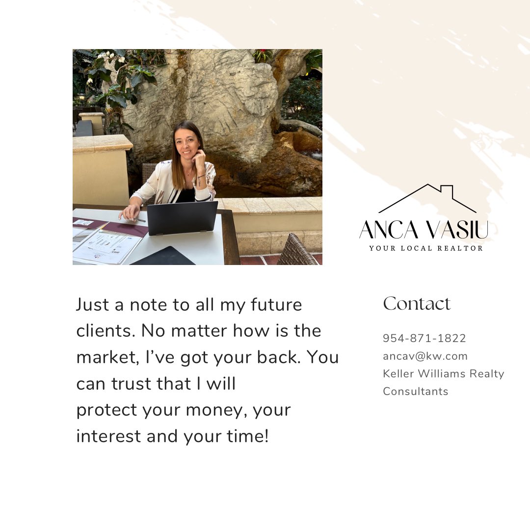 RealtorAncaV's tweet photo. You are talking a big step. You need a agent, who is professional and well educated in this field. I am excited to work with you next. Contact me to set up your new client consultation.
Anca Vasiu 
KW Realty Consultants
📱954-871-1822
📧ancav@kw.com
#realestate #realestatetips https://t.co/frgxhJqeV0