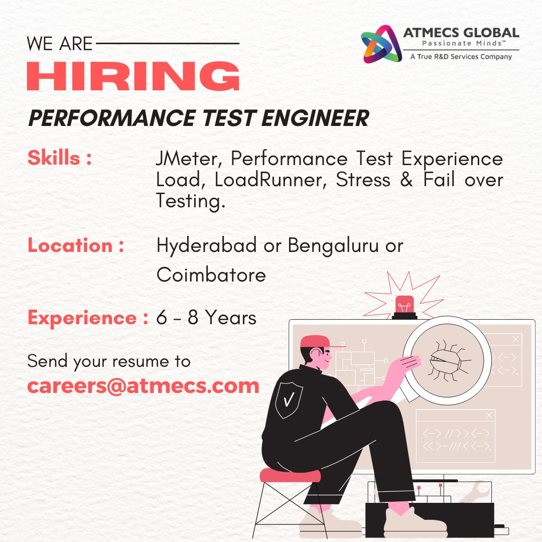 ATMECS's tweet image. We are hiring!

#jmeter #loadrunner #stresstesting #failovertest  #BengaluruJobs #bangalorejobs #hyderabadjobs #coimbatorejobs