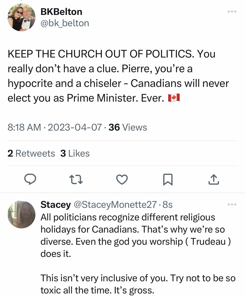 BK’s god ( Trudeau ) recognizes different religions/cultures in diverse Canada but Pierre does it & she uses it to attack with her usual “you’ll never be PM”. 🙄

I’m not religious but JFC, give it a rest for one day on religious issues. #ToxicLiberals #Nasty #NoClass