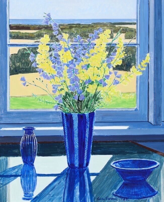 Lars Swane 
Danish painter (1913-2002) 
‘View Through an Artists Window ‘ 
There is nothing about him on google apart from what I’ve written 
 Maybe more on Facebook.   Love the blue and yellow.  Siesta now back later. Helen😊👨🏻‍🍳