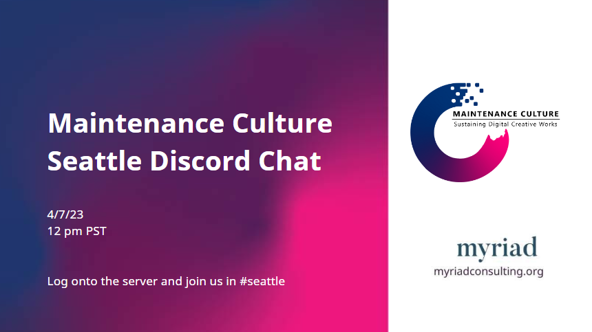 myriad_cxns's tweet image. If you&apos;re attending our Seattle workshop or skillshare next week, hop on Discord at lunchtime today and say hello to Myriad staff and your fellow participants! #maintenanceculture