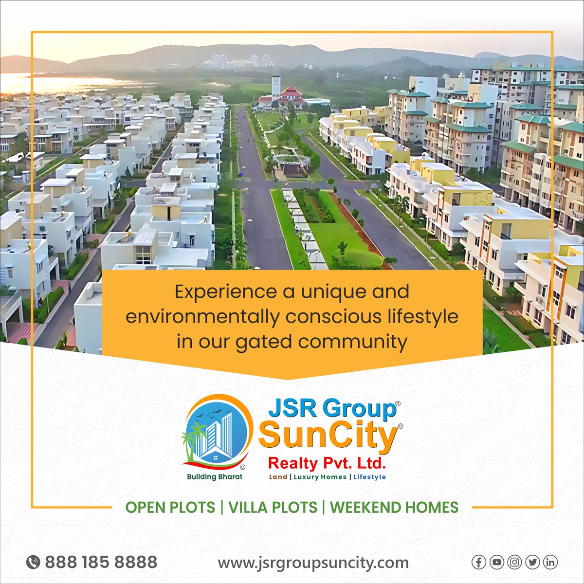 Experience a unique and environmentally conscious lifestyle in JSR Group SunCity's gated community. for more details visit jsrgroupsuncity.com or contact at 8881858888

#gatedcommunityplots #openplots #jsrgroupsuncity #weekendhome