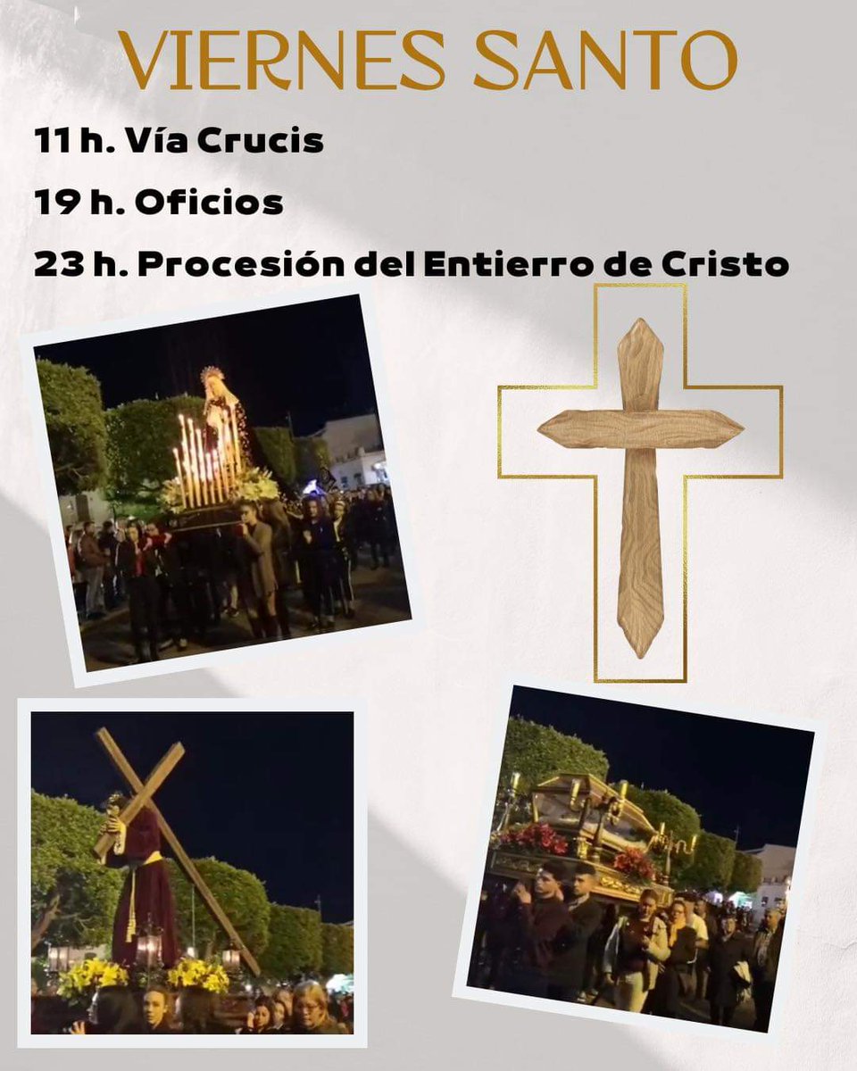 VIERNES SANTO 
Os recordamos que hoy, #ViernesSanto a las 11 h., se celebrará el #ViaCrucis, a las 19 h. #Oficios y a las 23 h. Procesión del Entierro de Cristo acompañada por la #Asociación #UniónMusicalDeUgíjar. ¡Os esperamos!
#UgíjarTeInforma