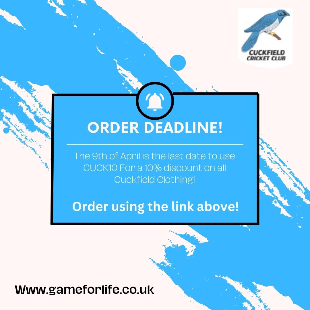 Reminder that April 9th is the last day to use 'CUCK10' To gain 10% off your order for <a href="/CuckfieldCC/">Cuckfield CC</a> on and off field kit!!

gameforlife.co.uk/collections/cu…