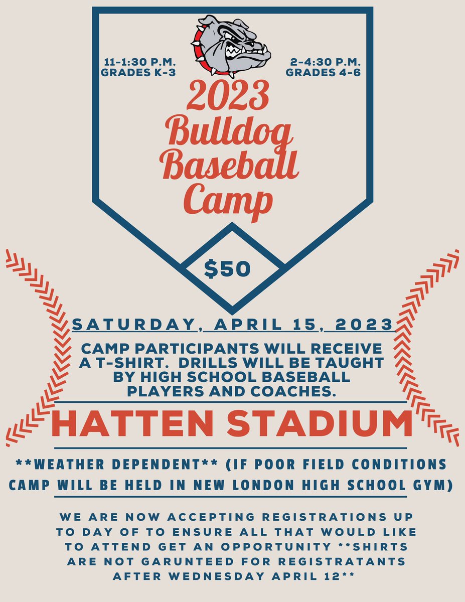 NLBaseballWI's tweet image. We are going to EXTEND BULLDOG BASEBALL CAMP REGISTRATION!!!
You can register until the day of....****BUT***....we cannot garuntee a shirt for any registered after next Wednesday.
If you are going to register as a "walk in" the day of, bring the $50 registration fee with you.