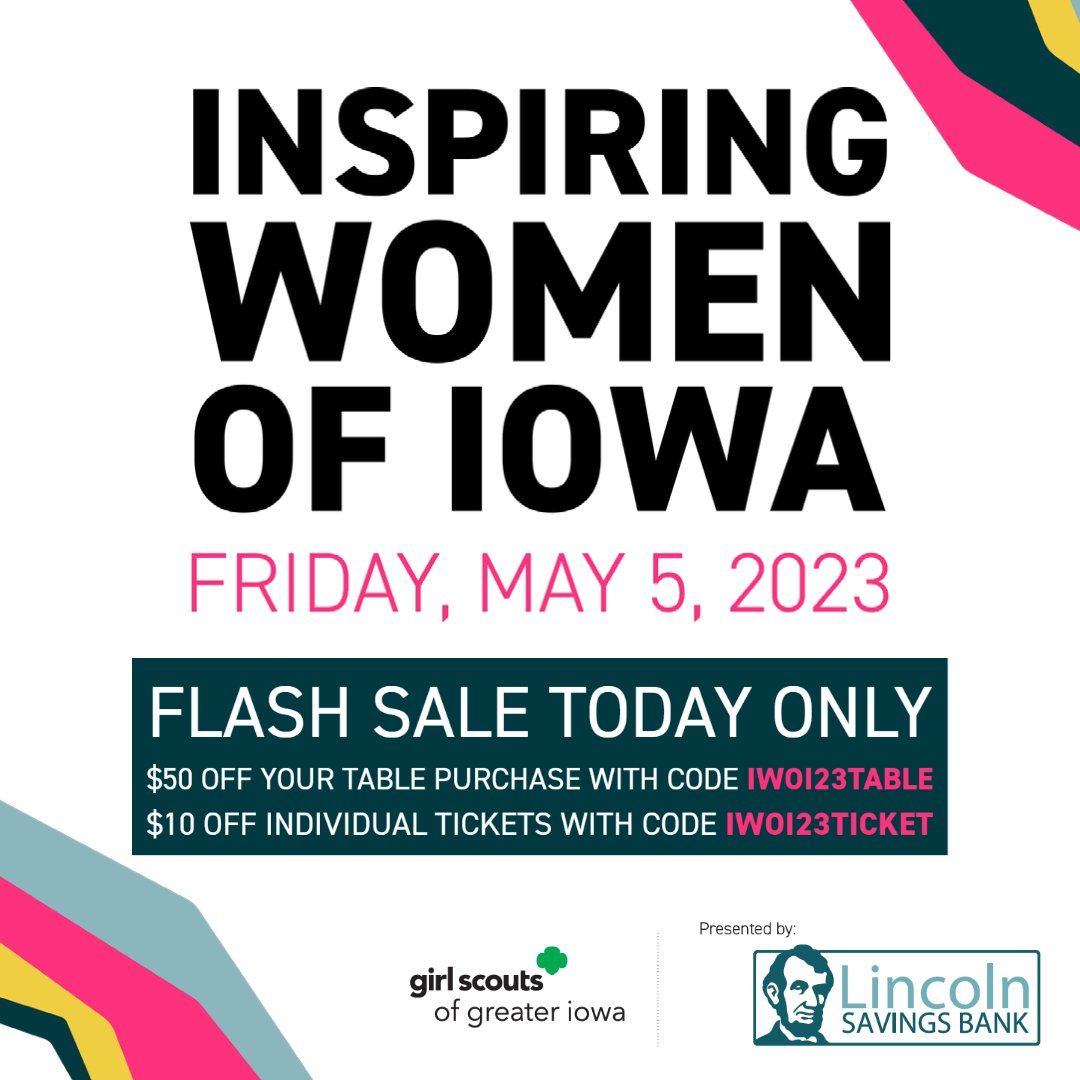 GSGI's tweet image. TODAY ONLY - We are having a FLASH SALE with discounted Inspiring Women of Iowa tickets! Enjoy $50 off your table purchase with code IWOI23Table or $10 off individual tickets with code IWOI23Ticket. Get your tickets now at inspiringwomenofiowa.com