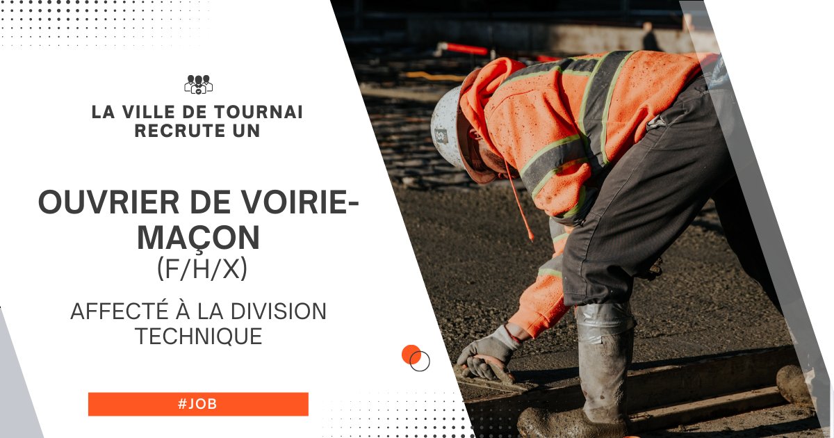 On #recrute un ouvrier de voirie-maçon (F/H/X) affecté à la Division technique. #Job #Emploi #Tournai tournai.be/emploi/la-vill…