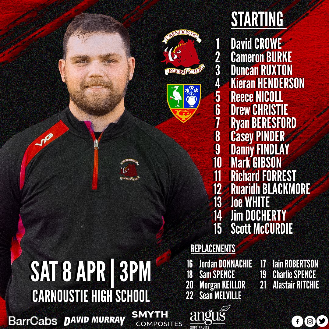 𝗧𝗘𝗔𝗠 𝗔𝗡𝗡𝗢𝗨𝗡𝗖𝗘𝗠𝗘𝗡𝗧 🚨📢

Head Coach, Owen Hughes, has named his side to take on Harris tomorrow! 💪

Come on Boars! 🐗

🆚 Harris
🏆 Tennents Caledonia Midlands 2
📆 Saturday 8th April
🏠 Carnoustie High School
⏰ 3pm

#CarnoustieRugby #GoBoars #BoarDown #Rugby