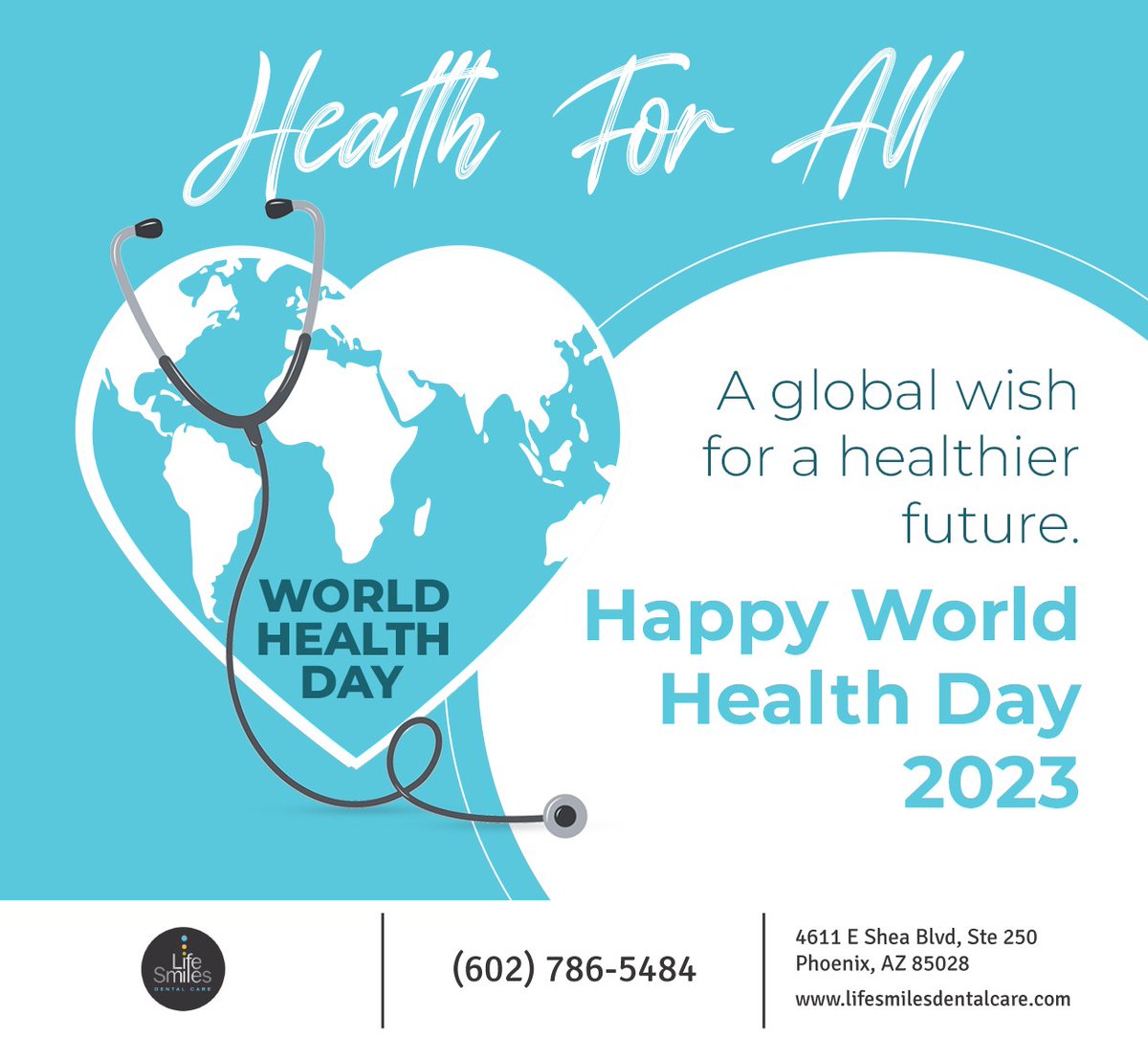 April 7 marks the 75th anniversary of World Health Day. The best investment you can make is your own health, so take care of your health for a healthy today and a #healthy tomorrow. #HealthForAll #phoenix #arizona #lifesmilesdentalcare